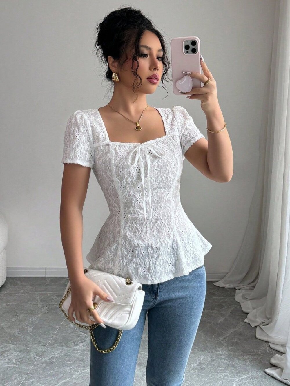 White Bow Tie Embroidered Short Sleeve Top (XL) – Elegant Commuter Style